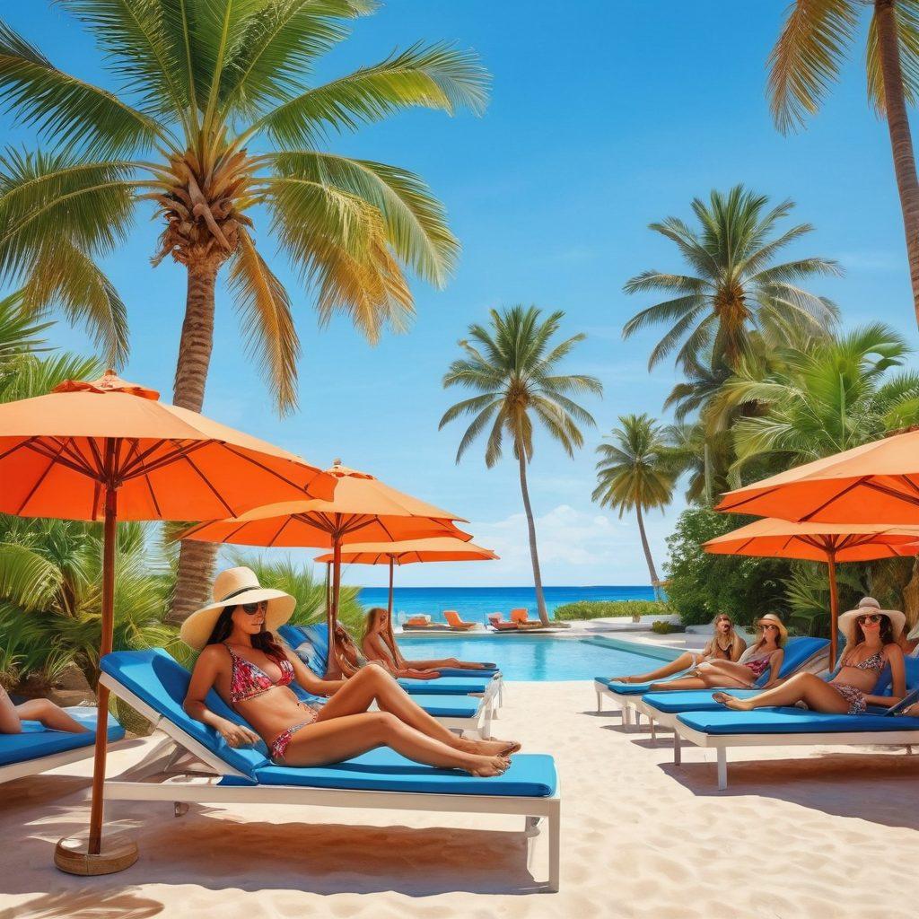 A stylish beach scene featuring a diverse group of women in chic swimwear, lounging on vibrant sunbeds and sipping refreshing drinks. In the background, there's a luxurious resort with palm trees, azure waters, and stylish umbrellas creating a tropical paradise vibe. The fashion is trendy with a mix of bold patterns and elegant accessories. Bright sunlight casts a warm glow, enhancing the lively summer atmosphere. watercolor painting. vibrant colors.